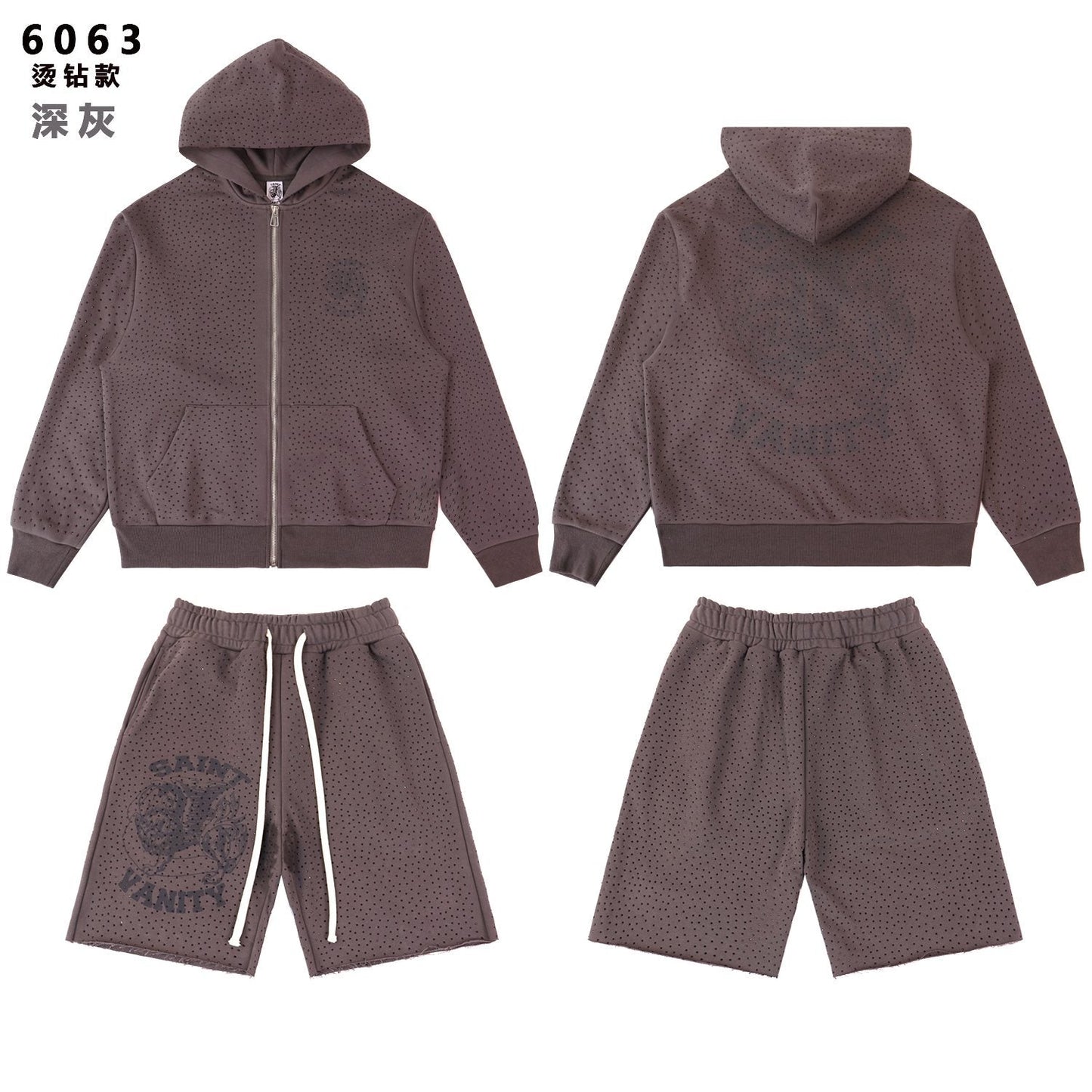 SAINT Vanity Rhinestone Zip Hoodie & Shorts Set — front