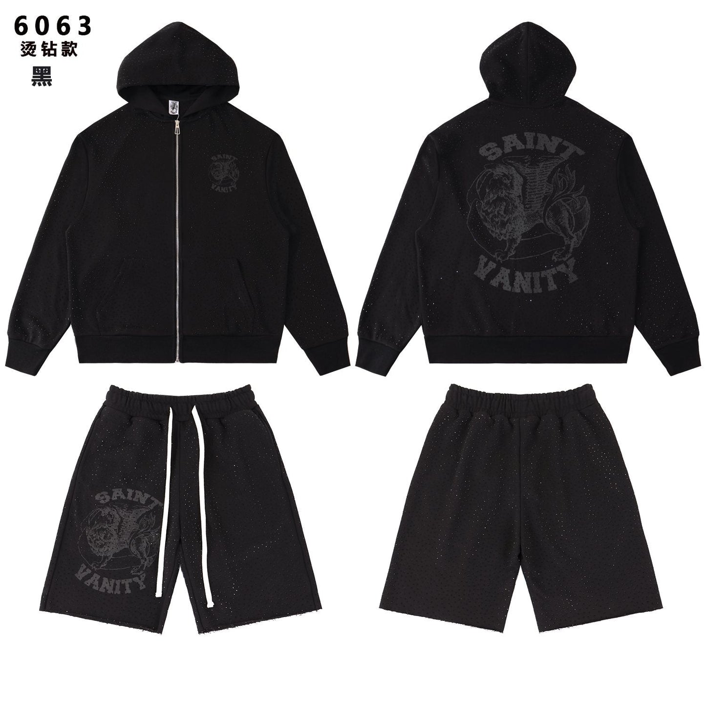 SAINT Vanity Rhinestone Zip Hoodie & Shorts Set — front