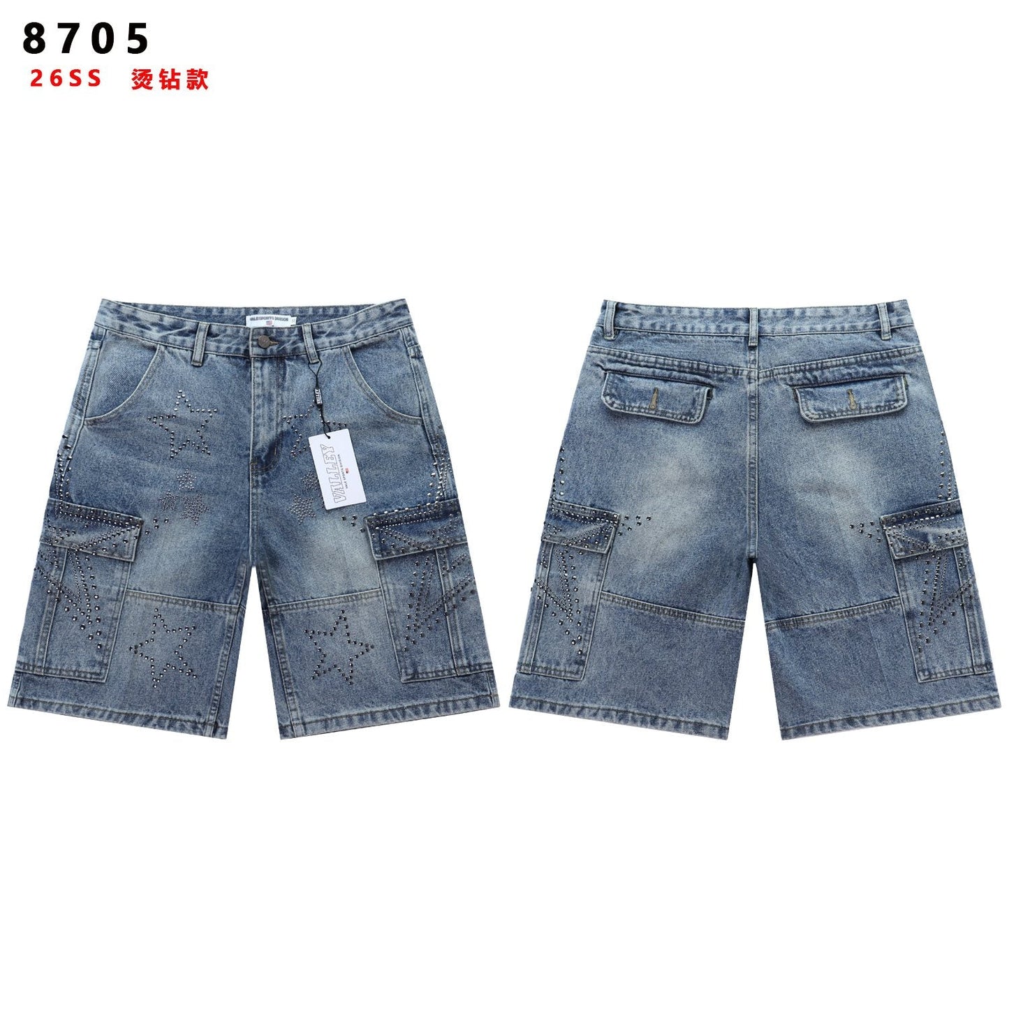 VALLEY Star Rhinestone Denim Cargo Shorts — hero