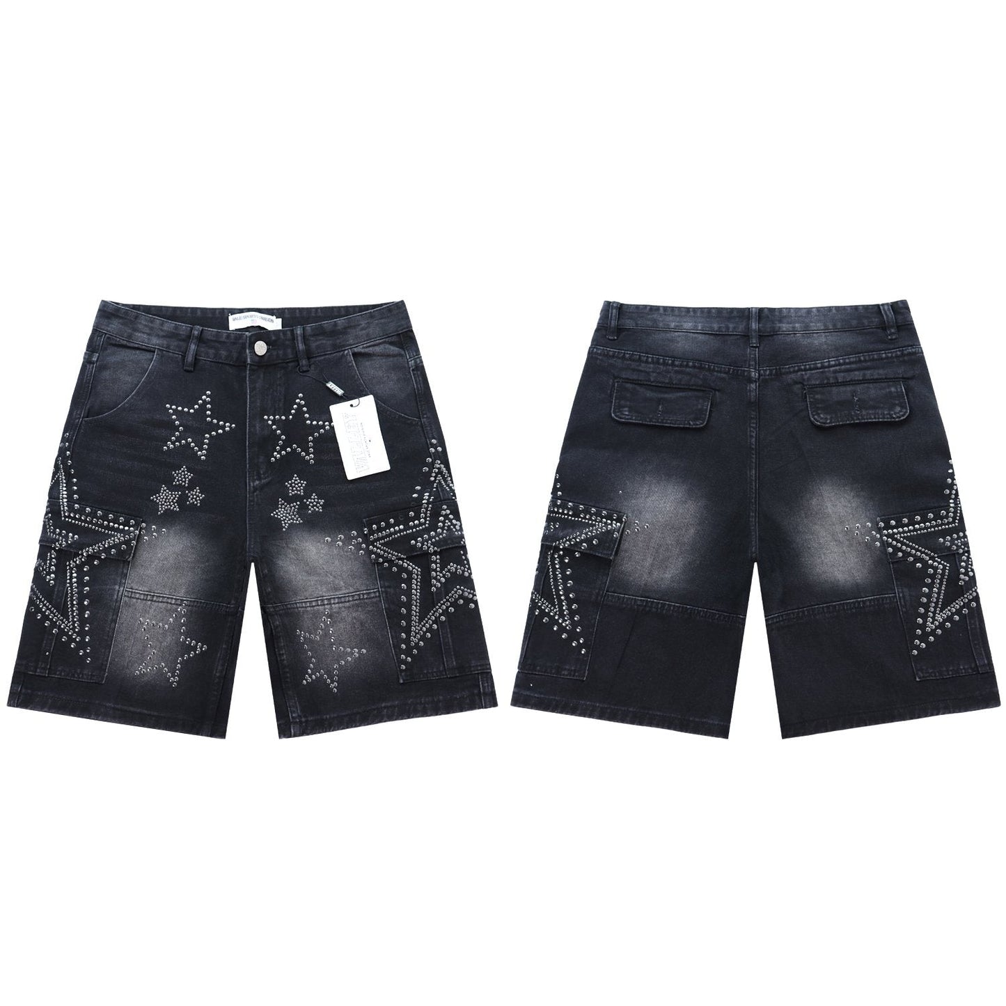 VALLEY Star Rhinestone Denim Cargo Shorts — front