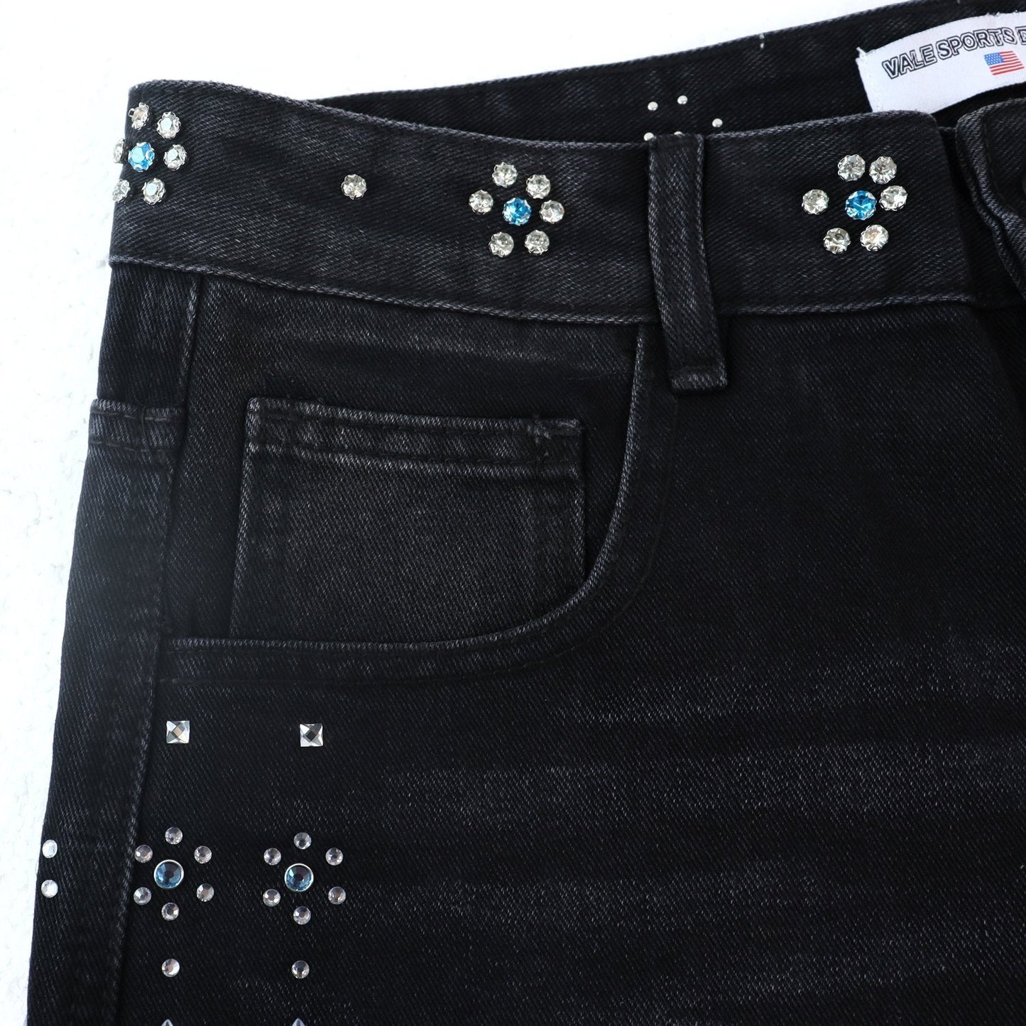 Vale Forever Rhinestone Side-Detail Washed Denim Shorts — detail