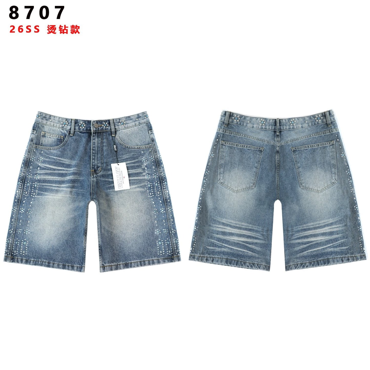 Vale Forever Rhinestone Side-Detail Washed Denim Shorts — hero