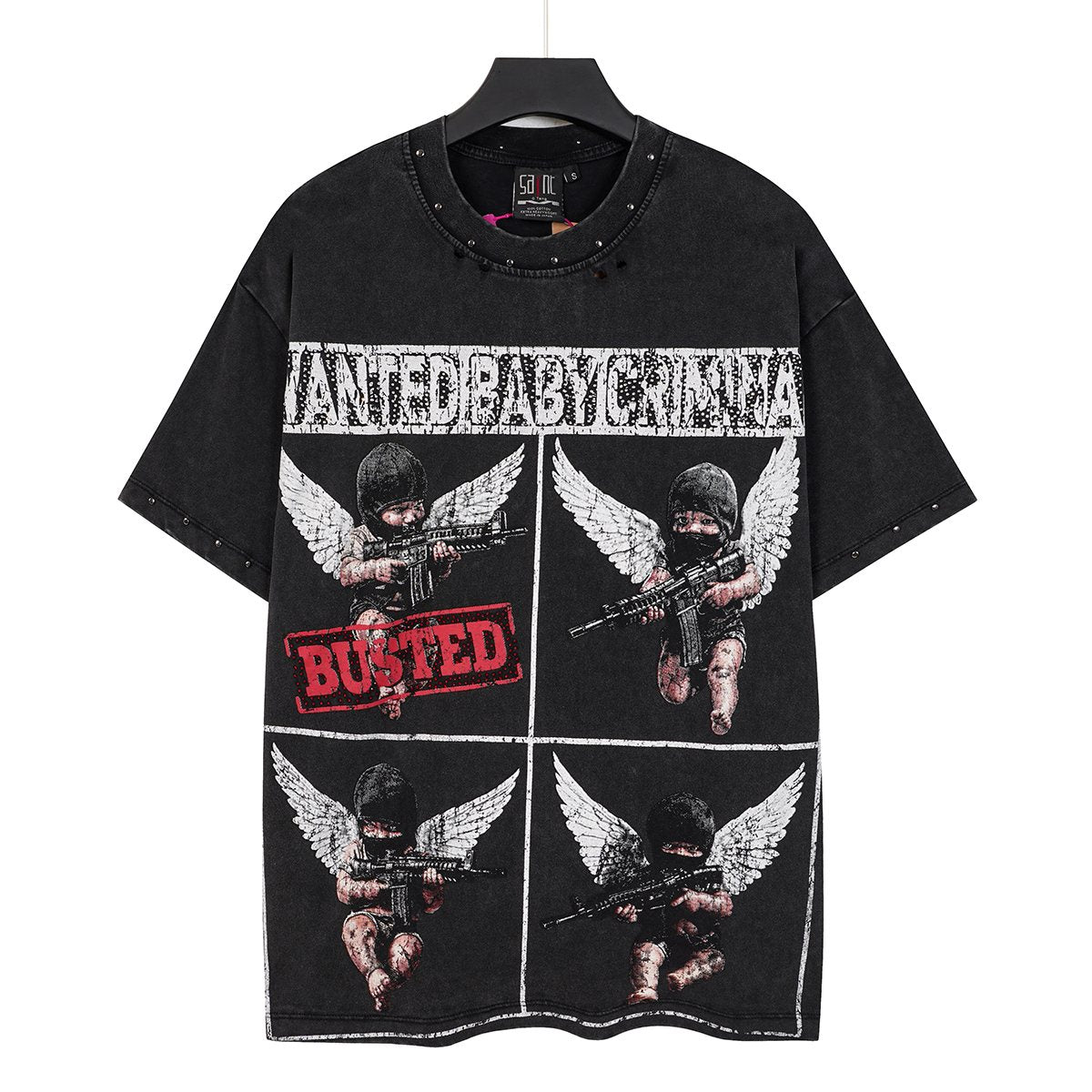 SAINT Rhinestone Distressed Graphic T-Shirt — front