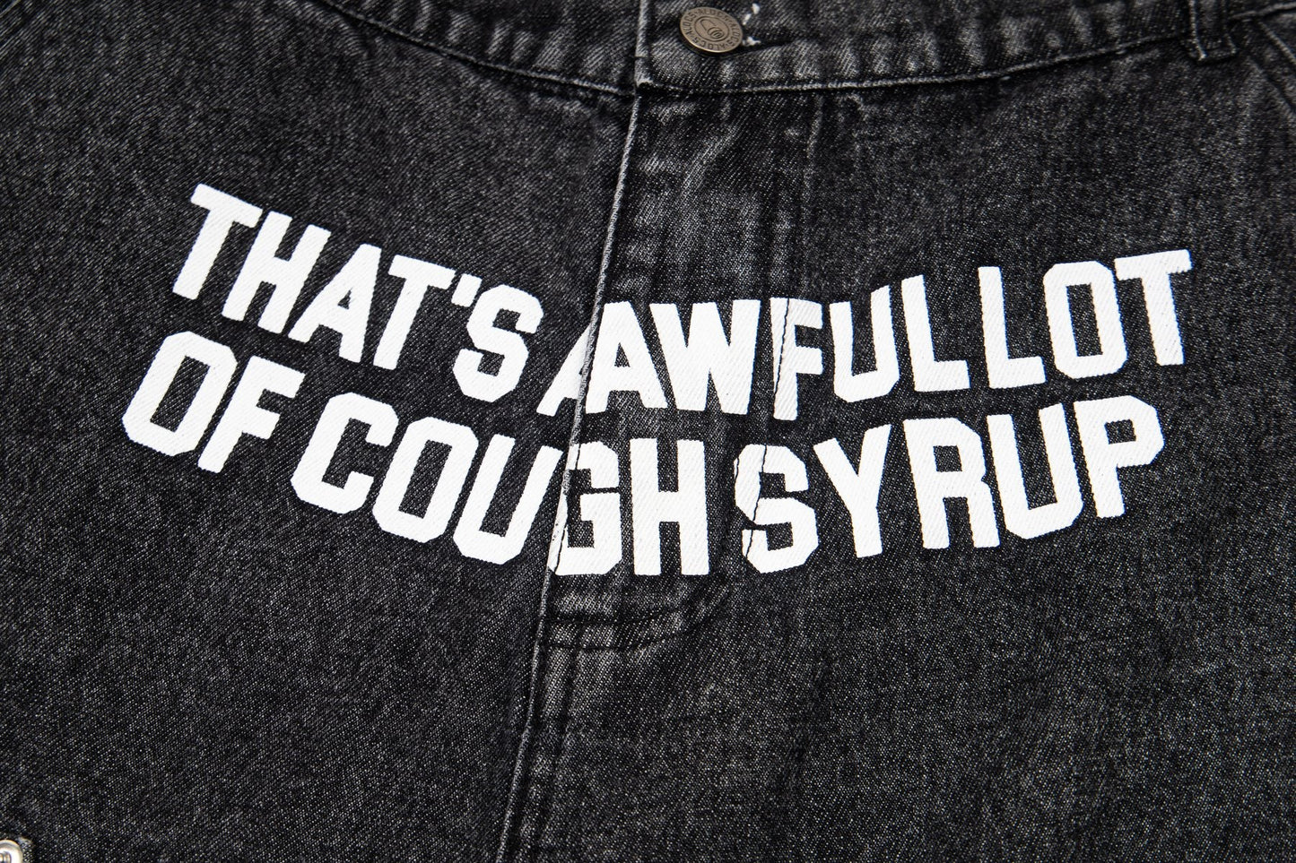 THAT'S A AWFUL LOT OF COUGH SYRUP Washed Denim Graphic Shorts — detail