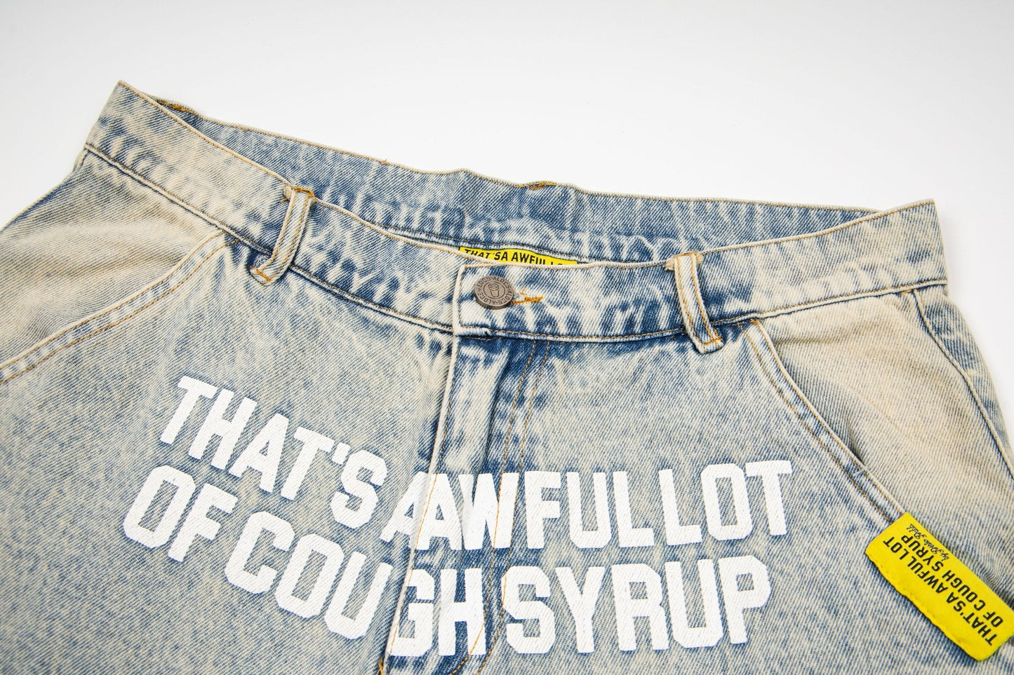 THAT'S A AWFUL LOT OF COUGH SYRUP Washed Denim Graphic Shorts — detail