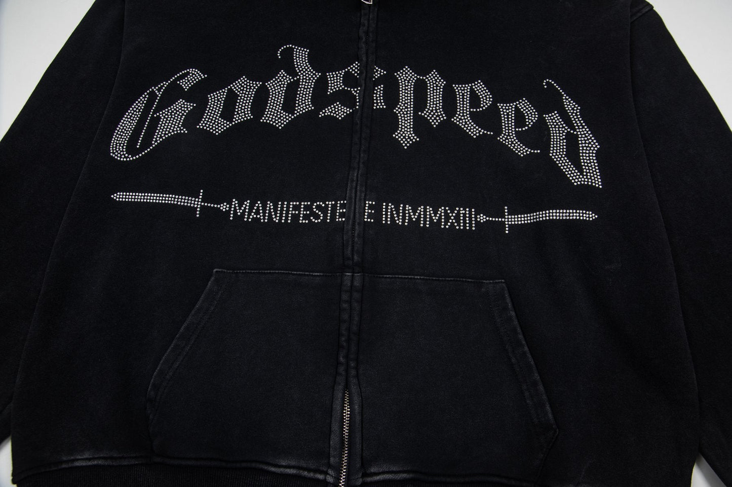Godspeed Washed Gothic Graphic Full-Zip Hoodie — front