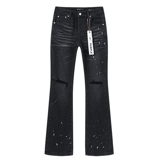 Purple Brand Black Paint-Splatter Distressed Flared Jeans — hero