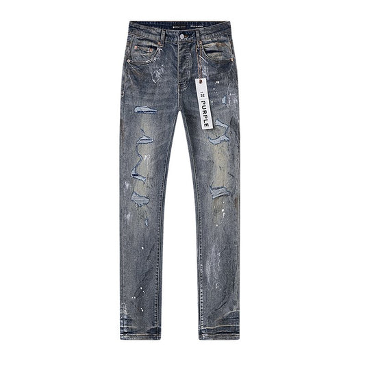 Purple Brand Gray Distressed Paint-Splatter Jeans — hero
