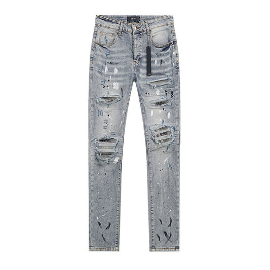 AMIRI Light Blue Distressed Paint Splatter Jeans — hero