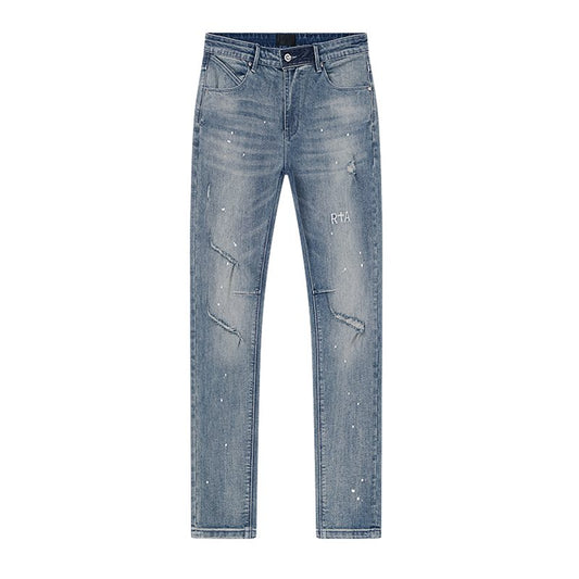 R+A Light Blue Distressed Paint Speckle Jeans — hero