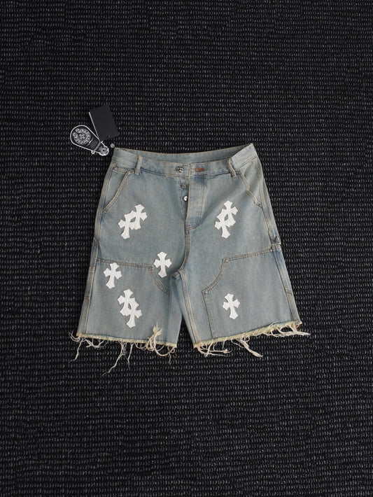 Chrome Hearts Cross Patch Light Blue Denim Shorts — hero