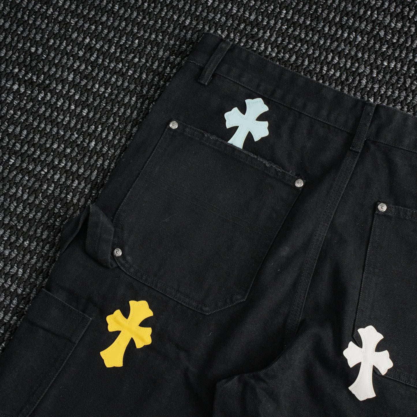 Chrome Hearts Cross Applique Black Denim Shorts — detail