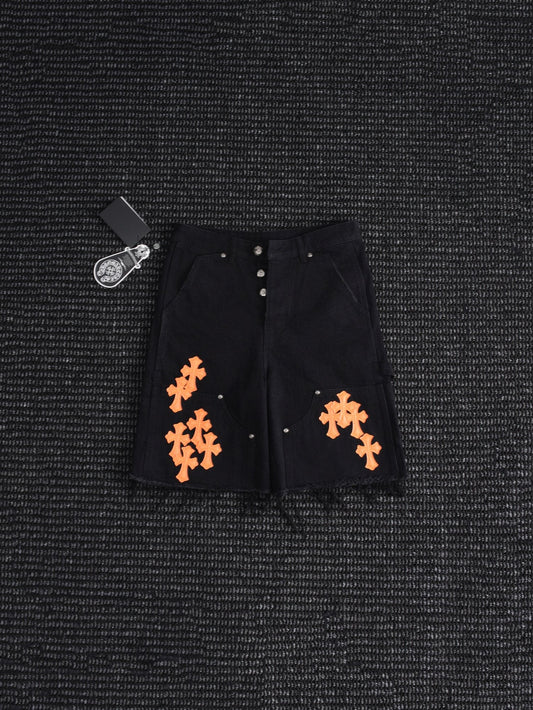 Chrome Hearts Orange Cross Patch Denim-Style Shorts — hero