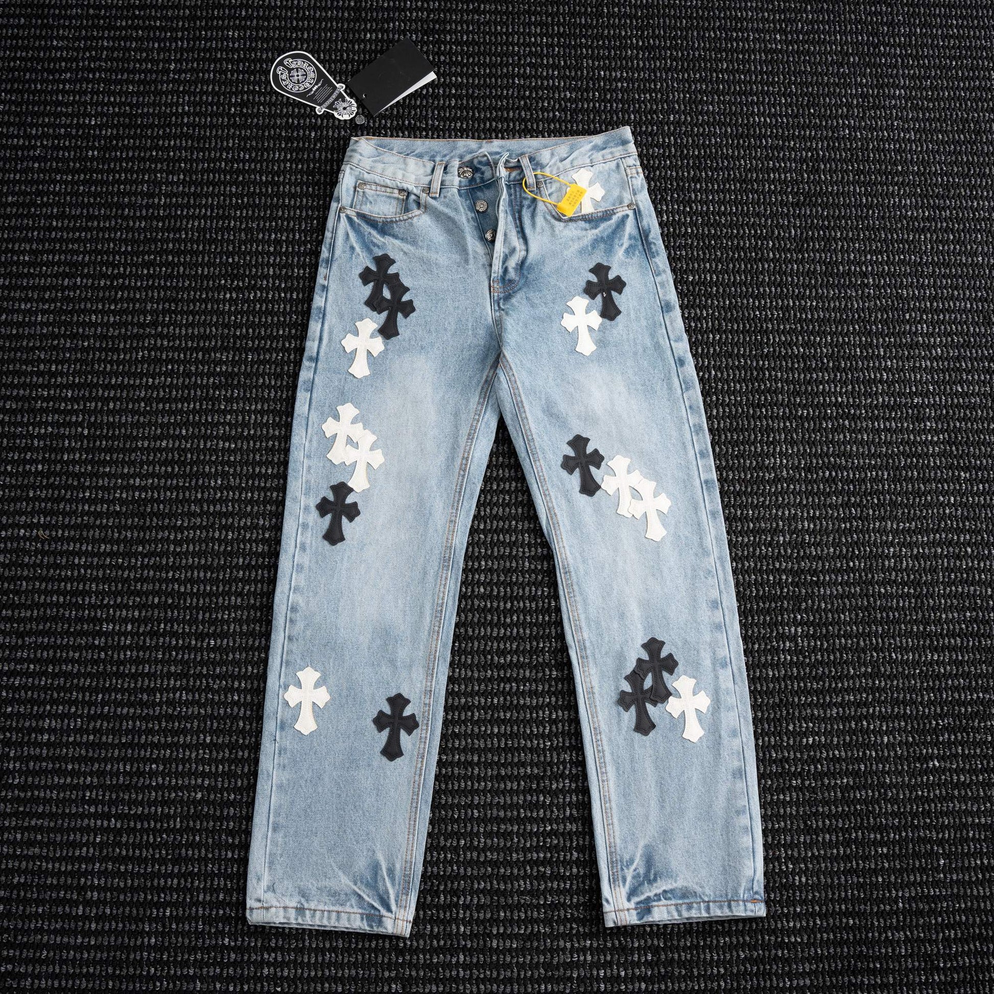 Chrome Hearts Light Blue Cross Patch Jeans — hero