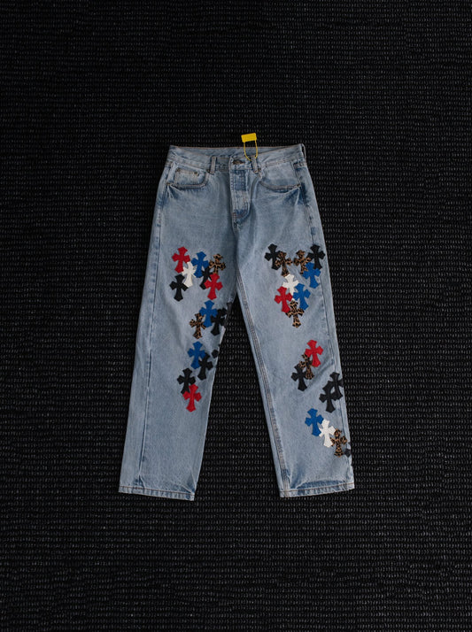 Chrome Hearts Light Blue Cross Patch Jeans — hero