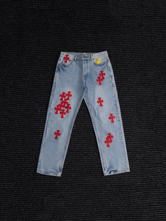 Chrome Hearts Light Blue Cross Patch Jeans — hero