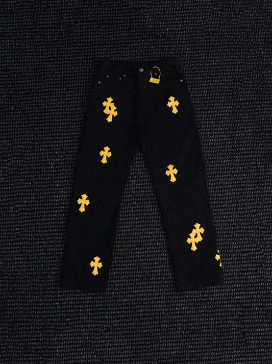 Chrome Hearts Yellow Cross Patch Black Jeans — hero