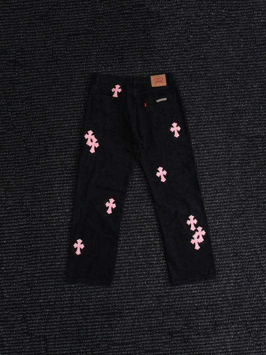 Chrome Hearts Pink Cross Patch Black Jeans — hero