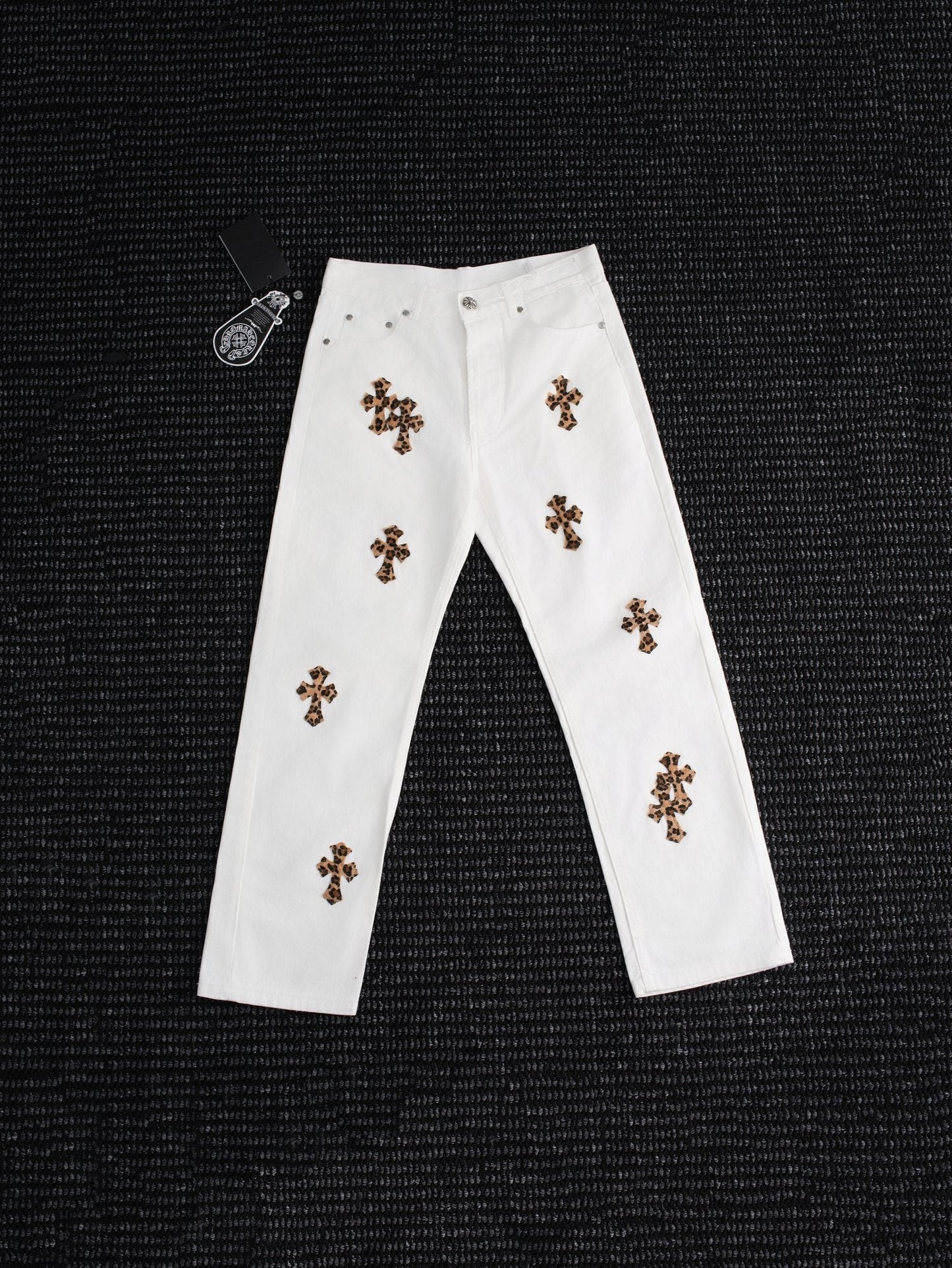 Chrome Hearts Leopard Cross Patch White Jeans — hero