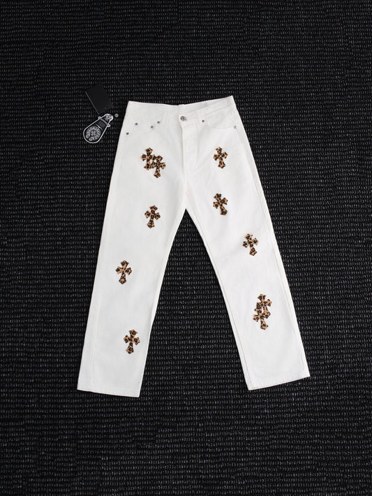 Chrome Hearts Leopard Cross Patch White Jeans — hero