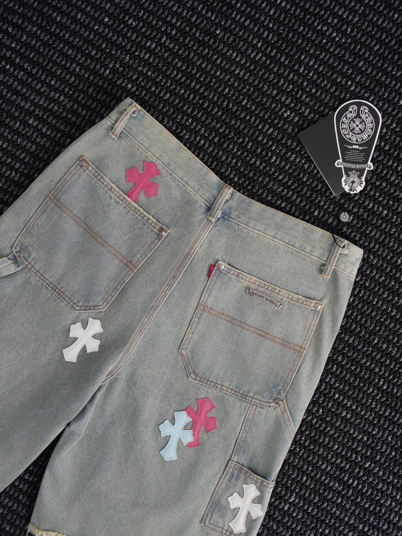 Chrome Hearts Cross Patch Light Blue Denim Shorts — detail