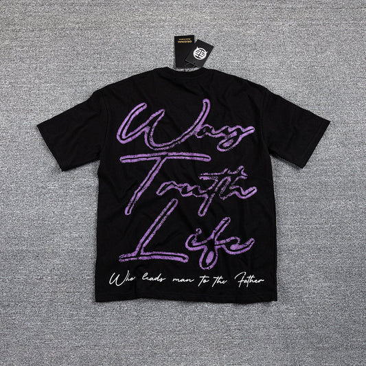 Wing Tonight Life Purple Script Graphic T-Shirt — front