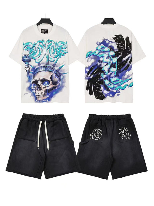 Godspeed Blue Skull Graphic T-Shirt and Shorts Set — front