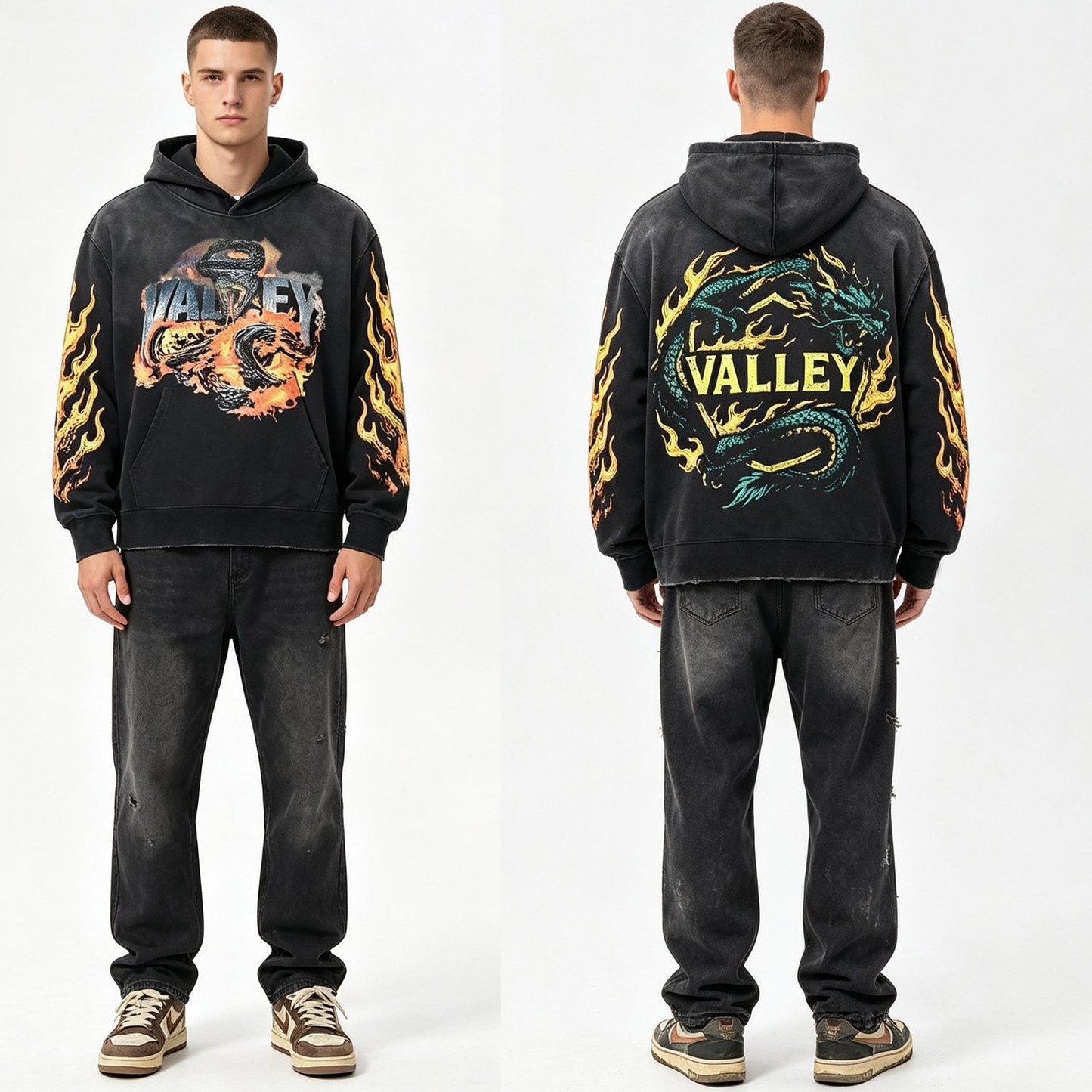 Valley Dreams Dragon Flame Graphic Hoodie — model