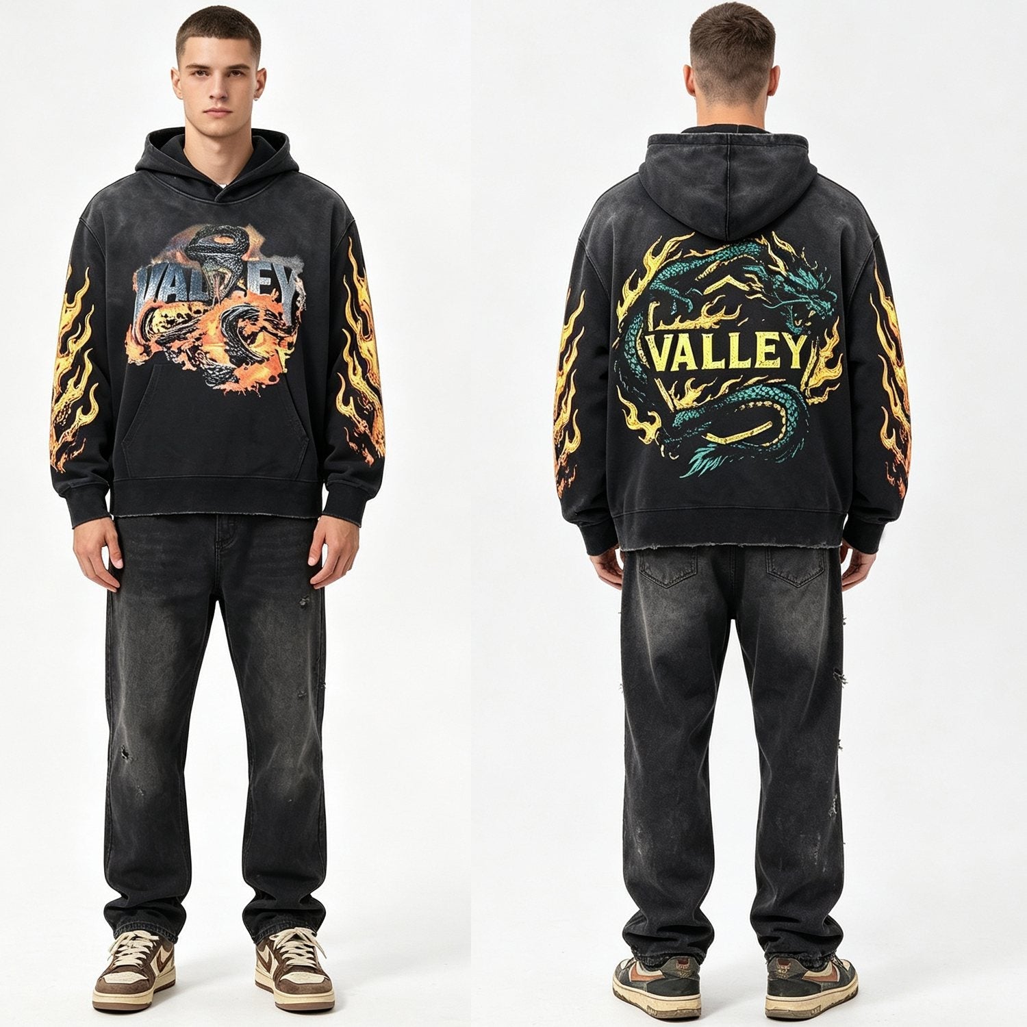 Valley Dreams Dragon Flame Graphic Hoodie — model