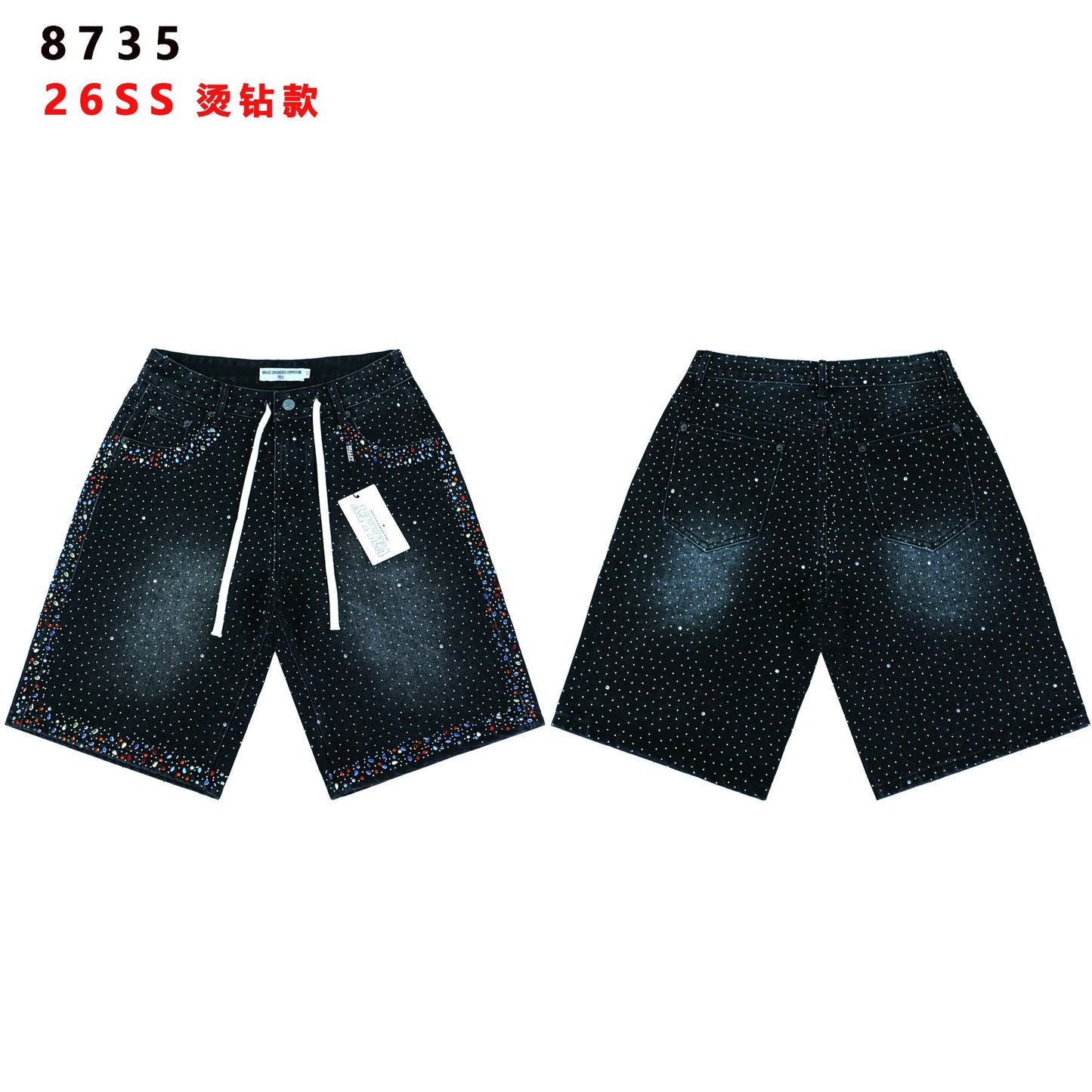 VALLEY Rhinestone Splatter Washed Denim Shorts — front