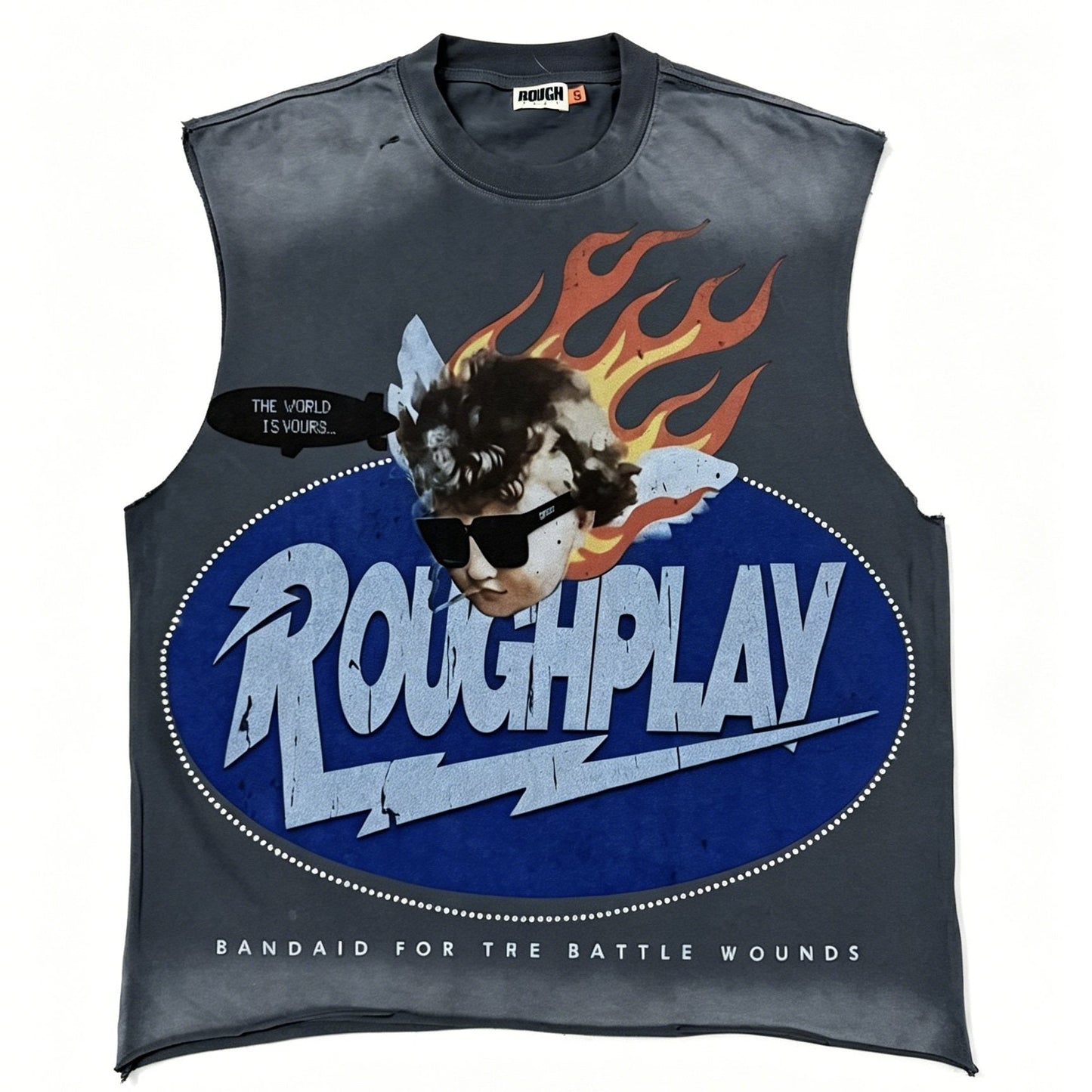 Rough Play Face & Flame Sleeveless T-Shirt — front