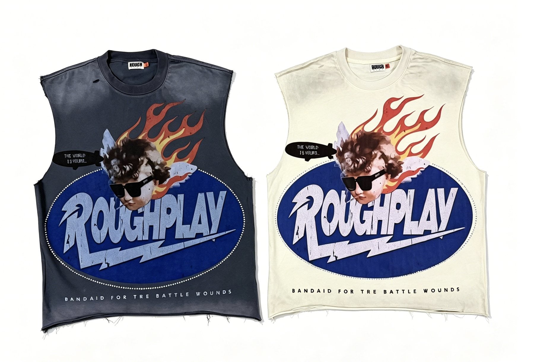 Rough Play Face & Flame Sleeveless T-Shirt — comparison