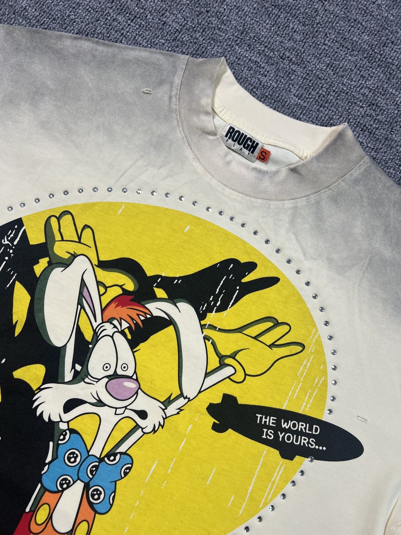 Rough Play Rhinestone Graphic T-Shirt - Cream — neck_label
