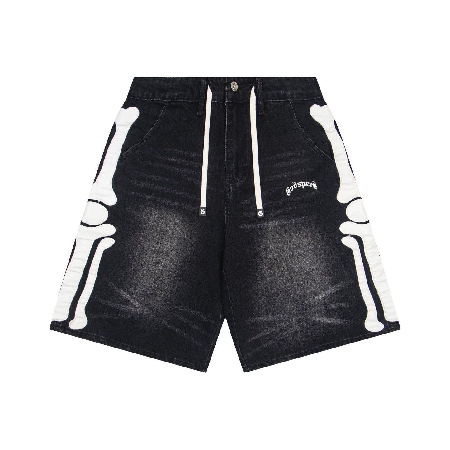 Godspeed Bone Applique Denim Shorts — front