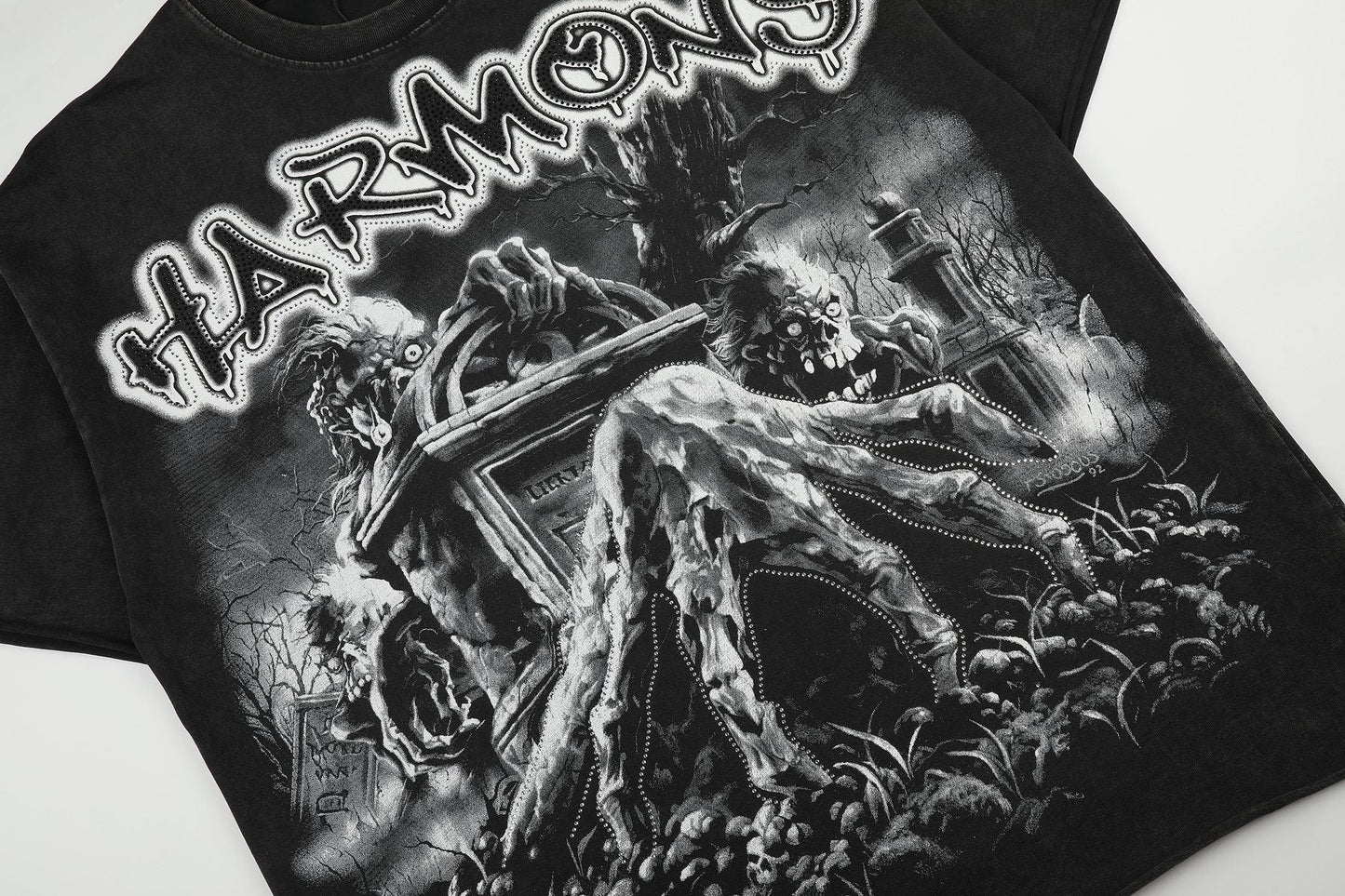 HARMONY Washed Black Rhinestone Graphic T-Shirt — detail