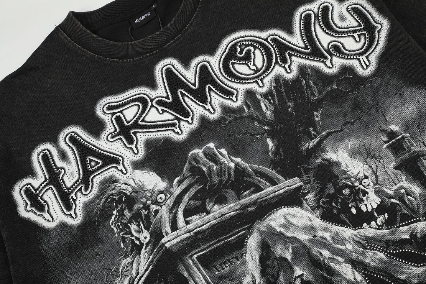 HARMONY Washed Black Rhinestone Graphic T-Shirt — detail