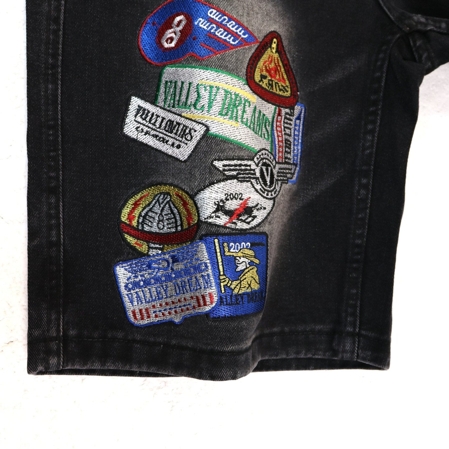 VALE SPORTS DIVISION Patch Embroidered Studded Denim Shorts — detail
