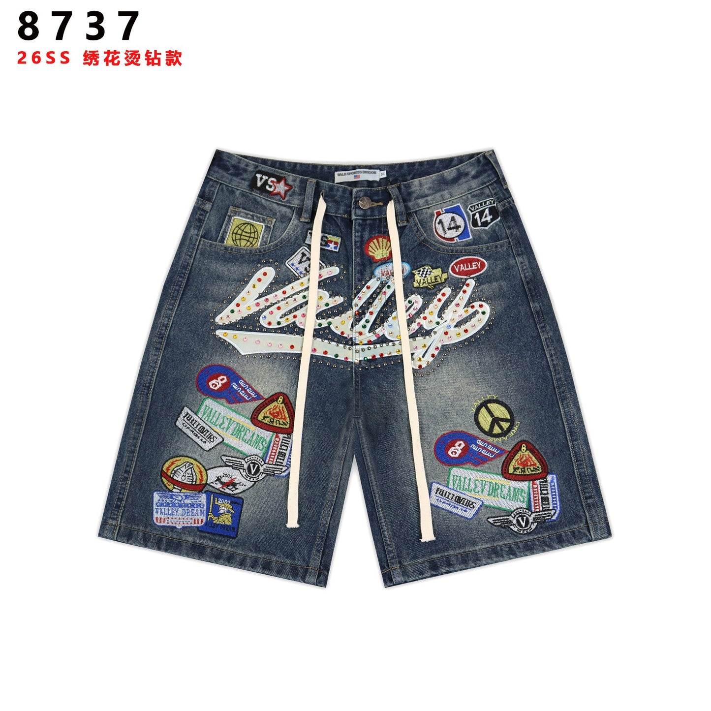 VALE SPORTS DIVISION Patch Embroidered Studded Denim Shorts — hero