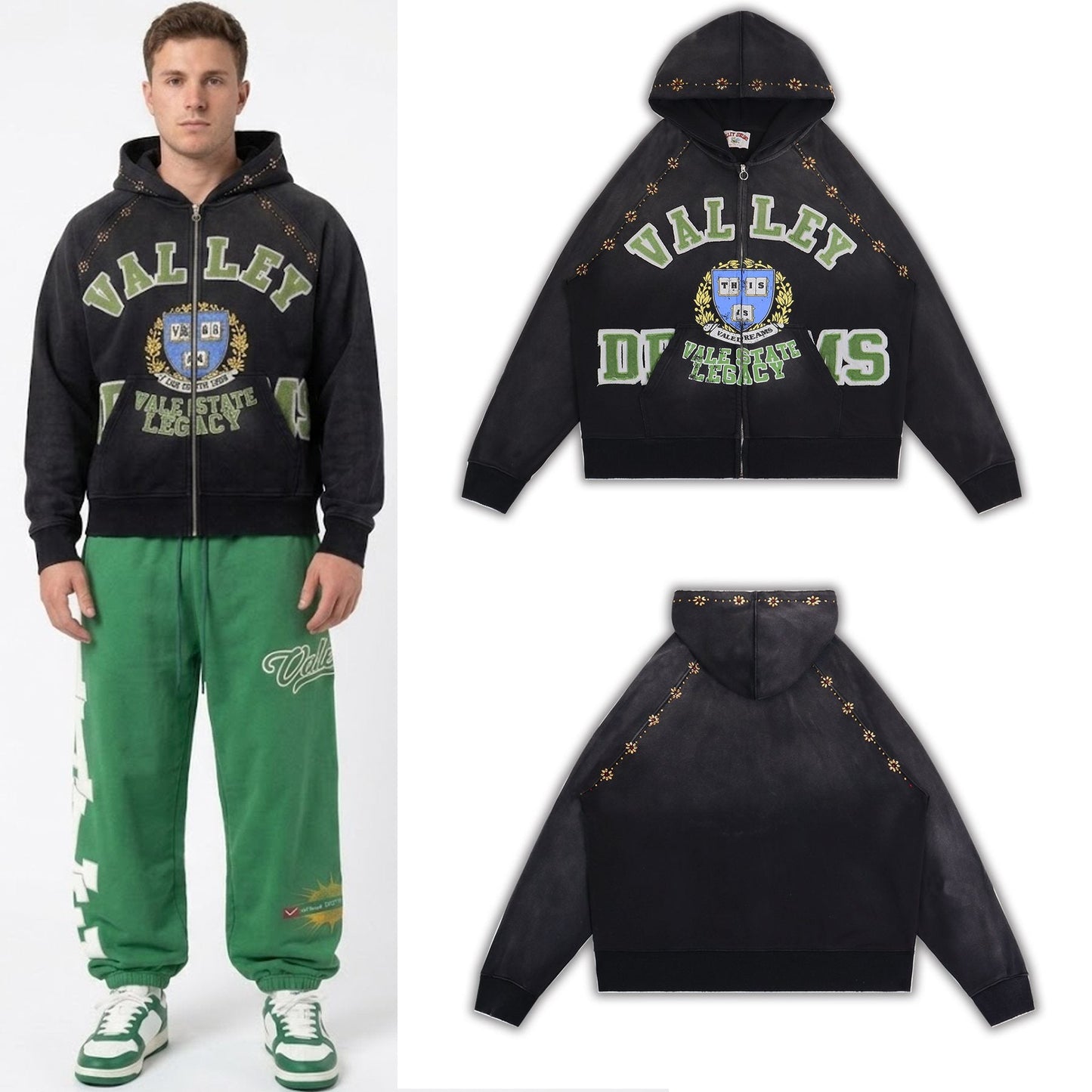 Valley Dreams Varsity Crest Washed Black Zip Hoodie — context