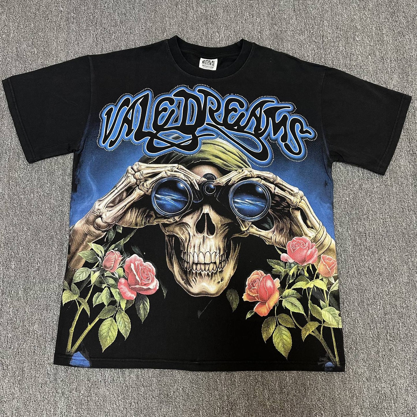 VALE USA Skull & Roses Rhinestone Short-Sleeve T-Shirt — front