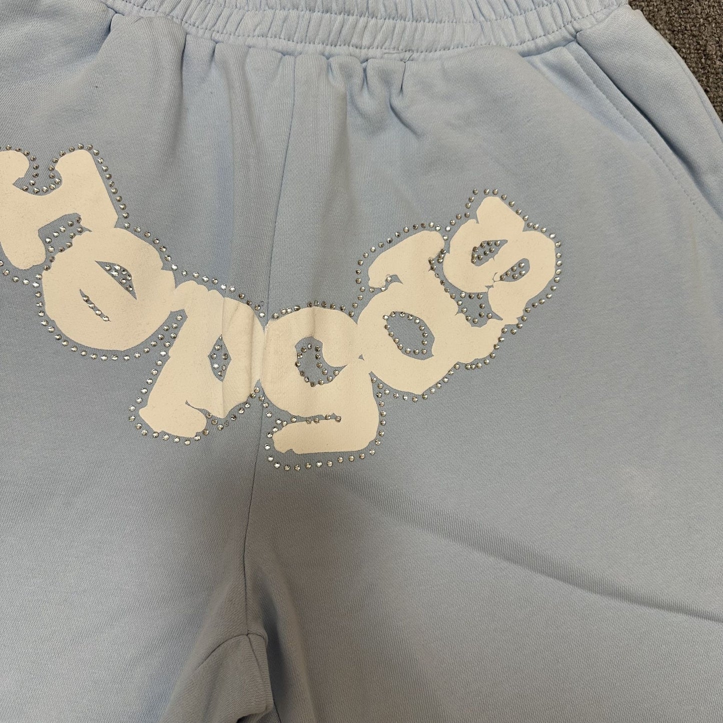 Sp5der Light Blue Rhinestone Logo Sweat Shorts — detail