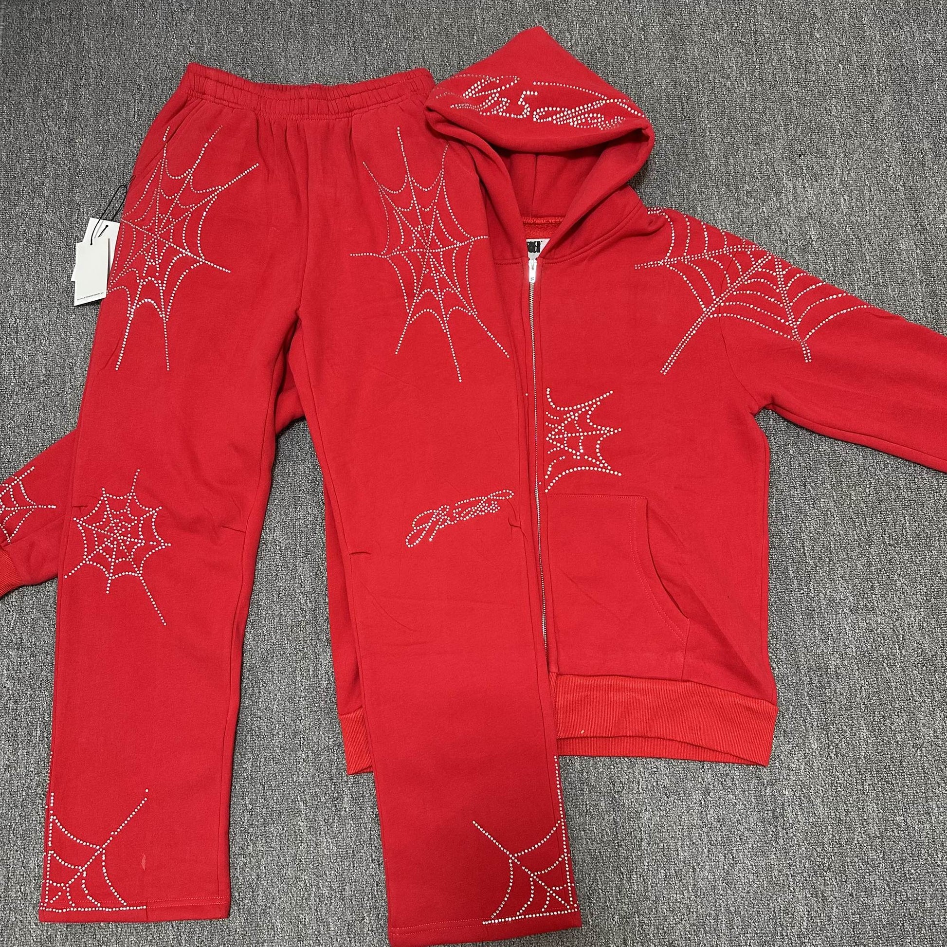 Sp5der Rhinestone Spiderweb Zip Hoodie & Pants Matching Set — hero