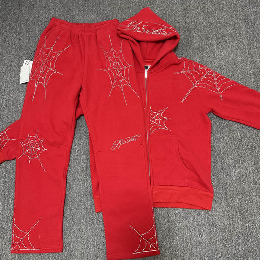 Sp5der Rhinestone Spiderweb Zip Hoodie & Pants Matching Set — hero