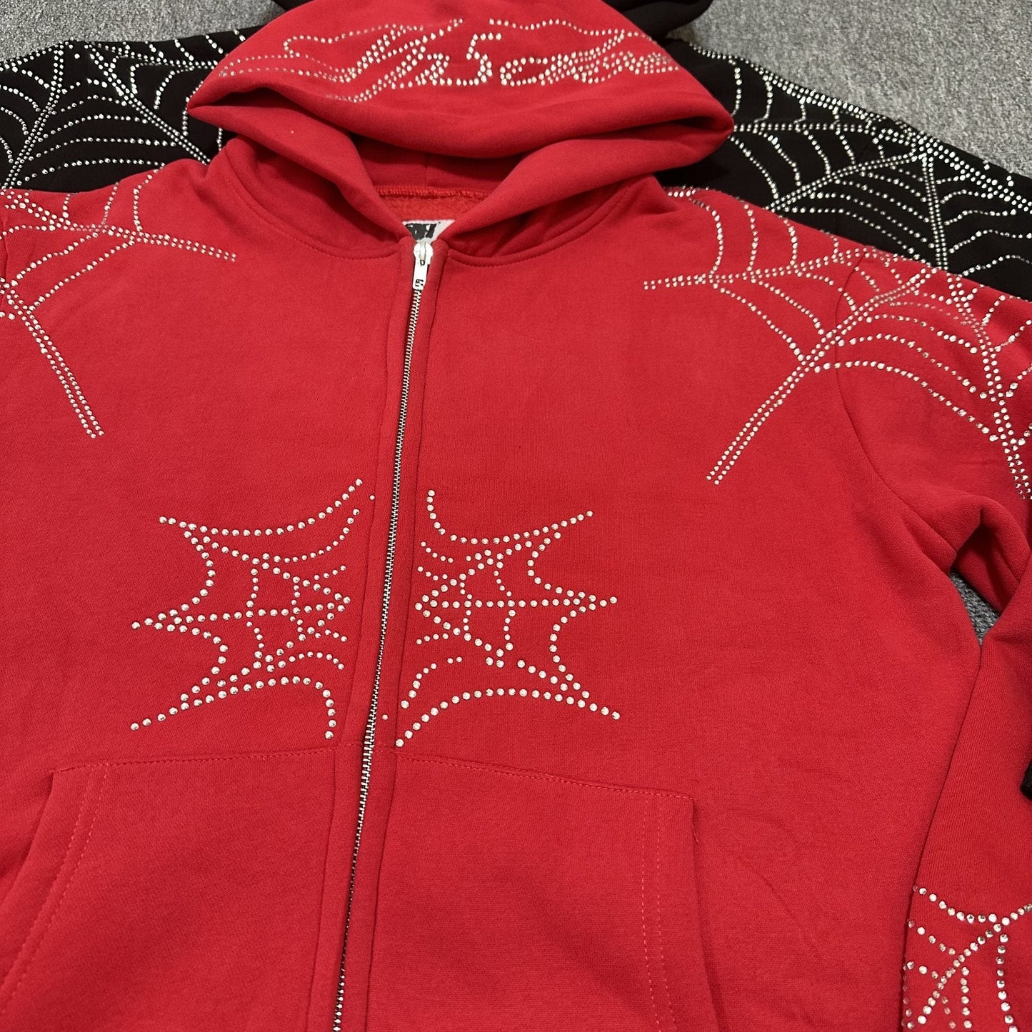 Sp5der Rhinestone Spiderweb Zip Hoodie & Pants Matching Set — detail