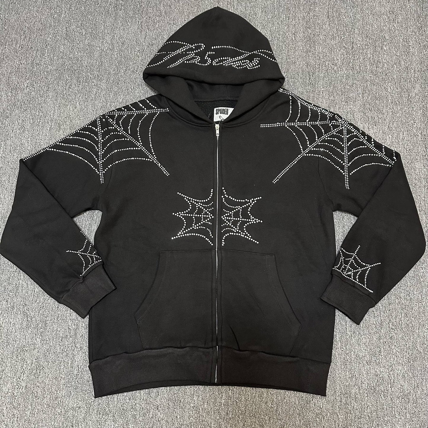 Sp5der Rhinestone Spiderweb Zip Hoodie & Pants Matching Set — front