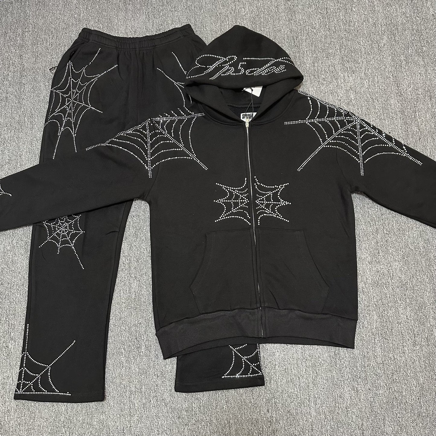 Sp5der Rhinestone Spiderweb Zip Hoodie & Pants Matching Set — front