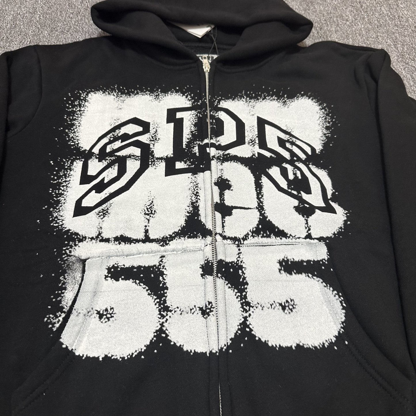 Sp5der Distressed Front Graphic Zip-Up Hoodie — detail