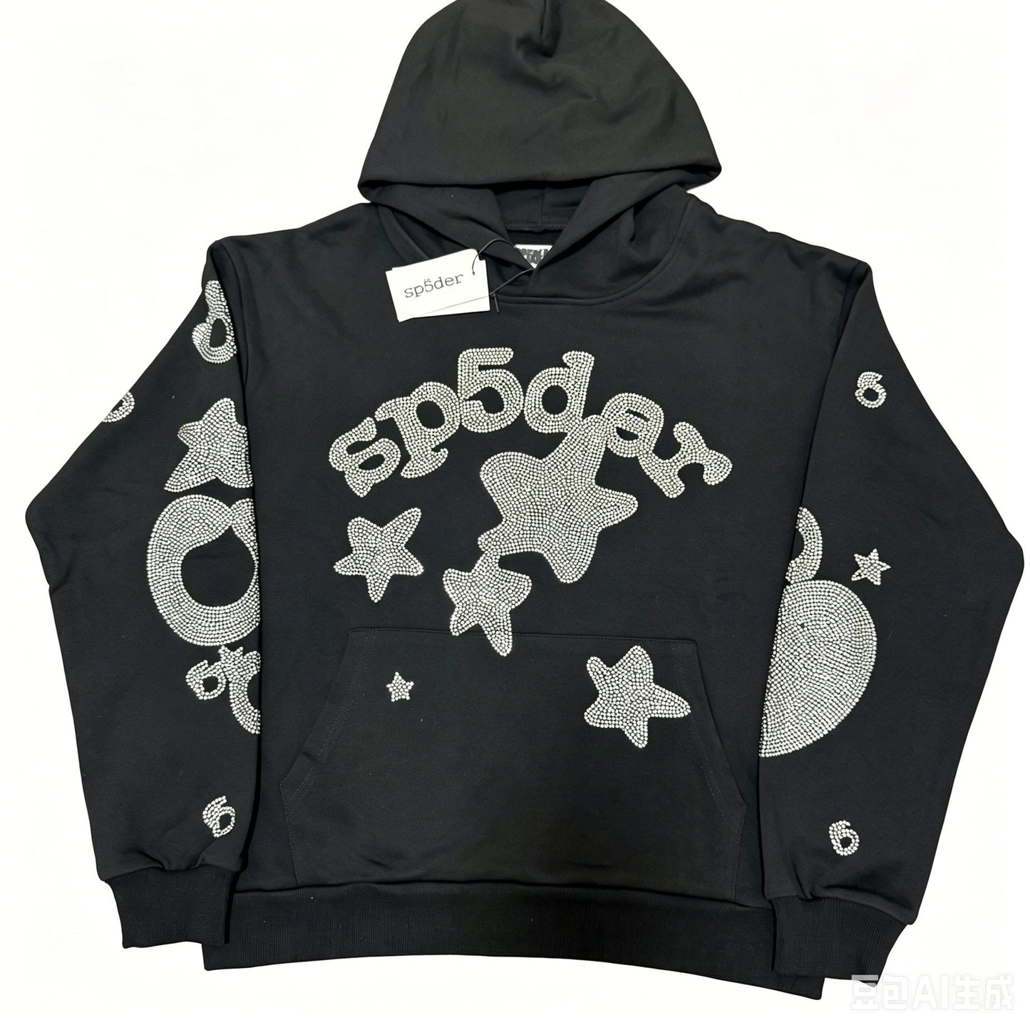 Sp5der Silver Rhinestone-Style Graphic Hoodie — hero