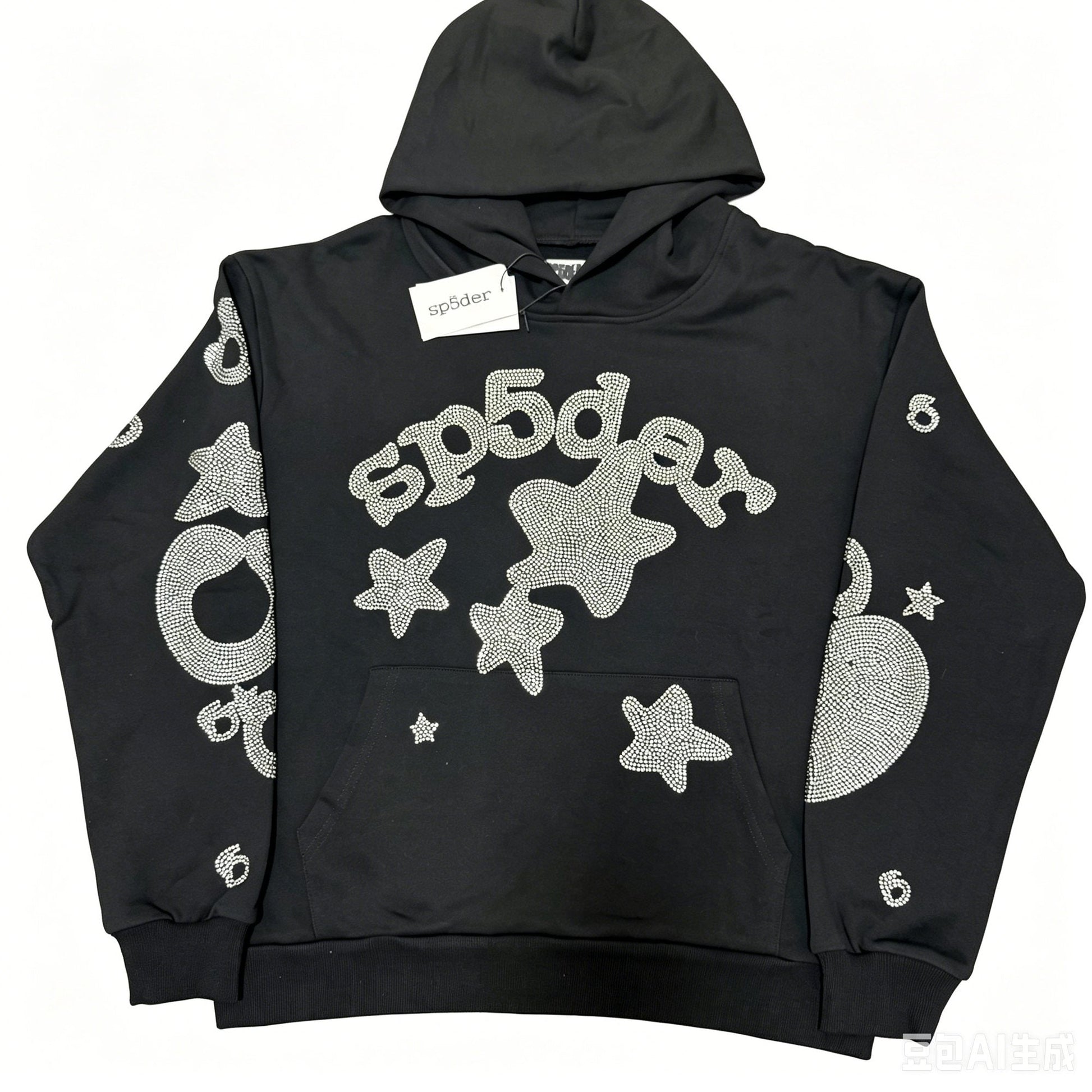 Sp5der Silver Rhinestone-Style Graphic Hoodie — hero