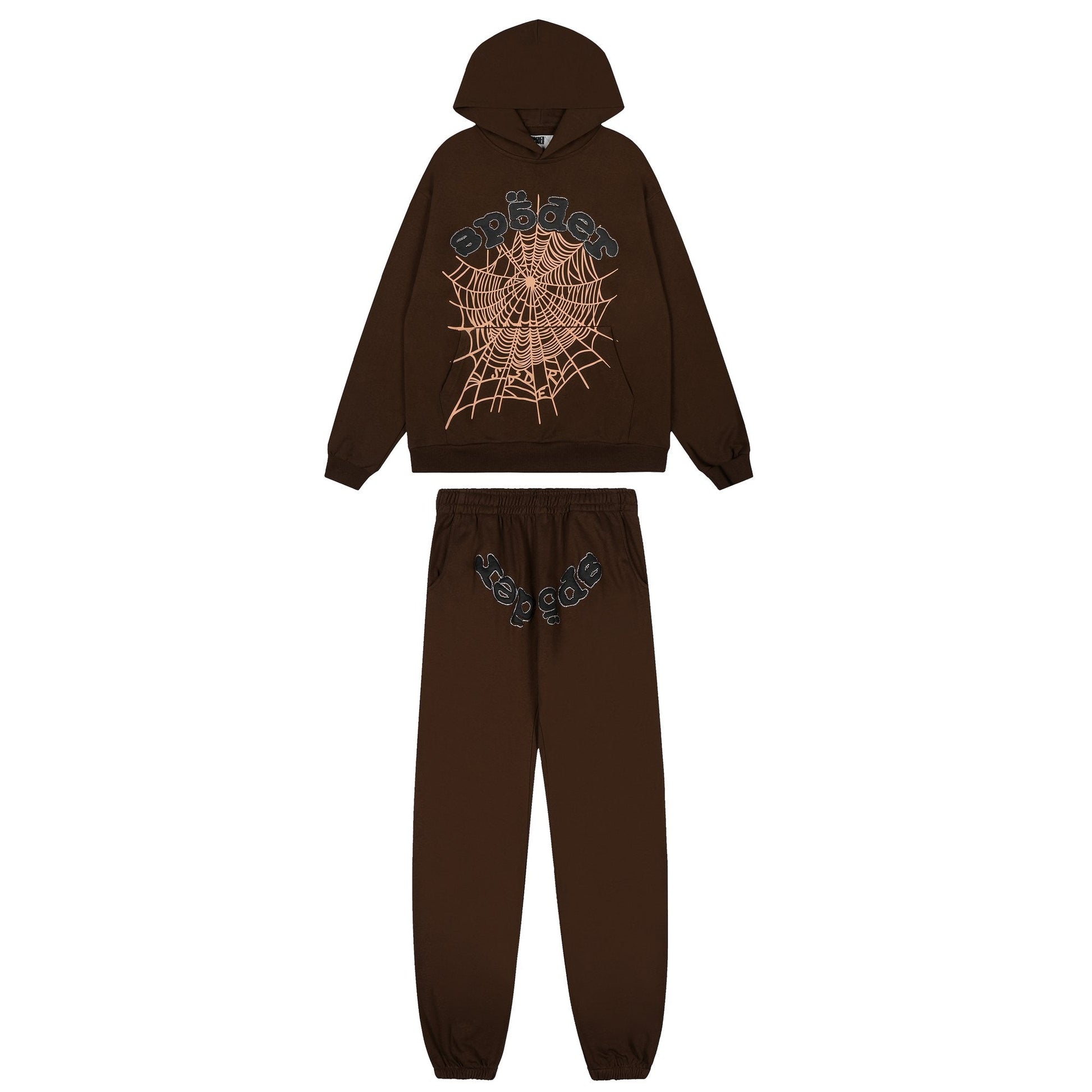 Sp5der Brown Spiderweb Hoodie & Sweatpants Matching Set — hero